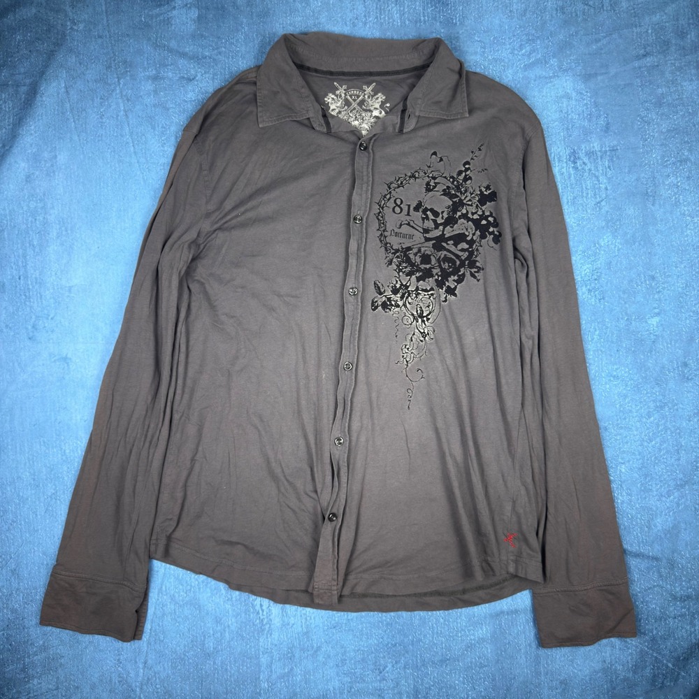 Express Mens XL Gray Long Sleeve Skull Graphic Button Down Cotton Shirt 81
